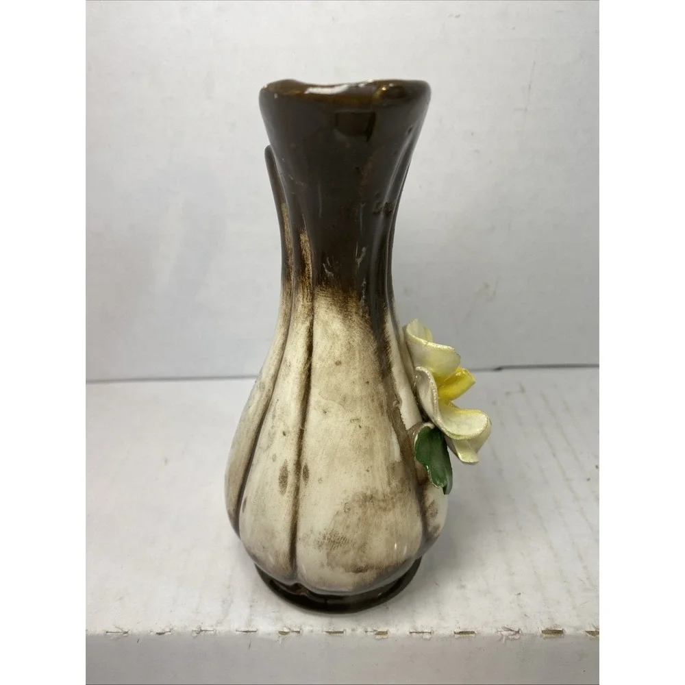 Vintage Capodimonte Porcelain Vase Brown With‎ Yellow Rose 5.8